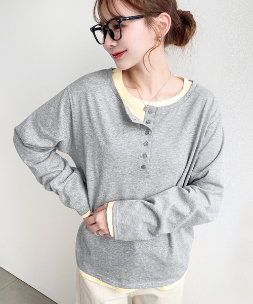 moment+ tシャツ ヘンリーネックレイヤードロングTシャツ(ヘンリー
