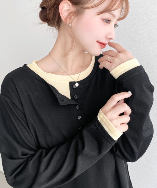 moment+ tシャツ ヘンリーネックレイヤードロングTシャツ(ヘンリー