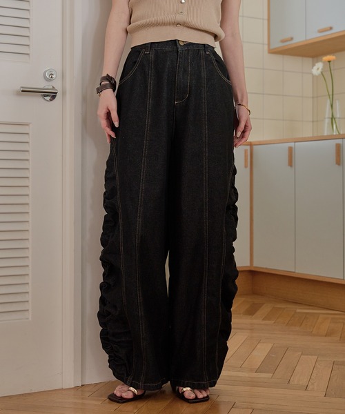 mideal gathered curve denim pants ブラック M mideal（マイディール） ワイドパンツ ジーンズ デニム デニムパンツ