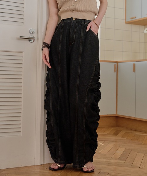 mideal gathered curve denim pants ブラック M mideal（マイディール） ワイドパンツ ジーンズ デニム デニムパンツ