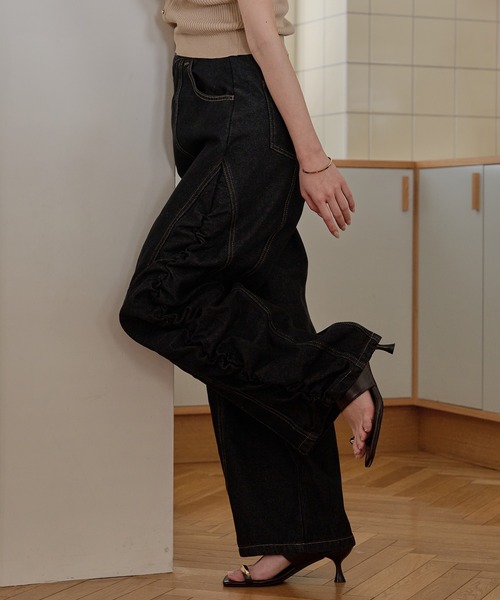 mideal gathered curve denim pants ブラック M mideal（マイディール） ワイドパンツ ジーンズ デニム デニムパンツ