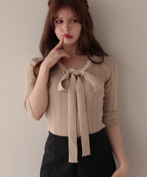 M DOLLY ニット セーター Ribbon lace flora layered knit tops/リボン