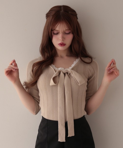 M DOLLY ニット セーター Ribbon lace flora layered knit tops/リボン