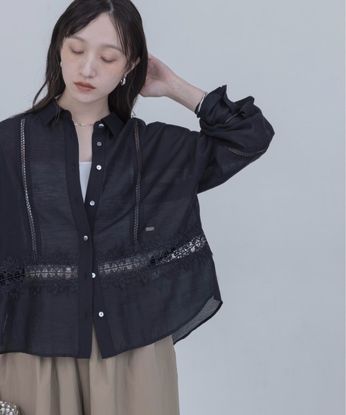 ブラウス シャツ レーストリミング シアーヘムシャツ レディースの画像