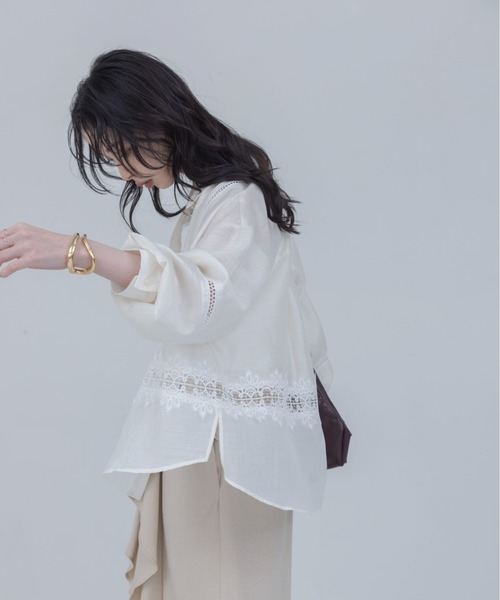 ブラウス シャツ レーストリミング シアーヘムシャツ レディースの画像