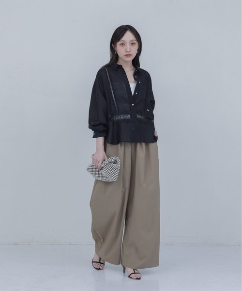 ブラウス シャツ レーストリミング シアーヘムシャツ レディースの画像