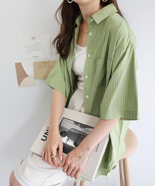 「andme」 「alma design」半袖シャツ L ブルー レディース_画像2
