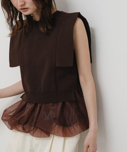 シモーネロシャ バルーンスリーブ　ペプラム　ケーブルニット　ブラウン　XS SENSE OF PLACE by URBAN RESEARCH ニット セーター ペプラムバルーン