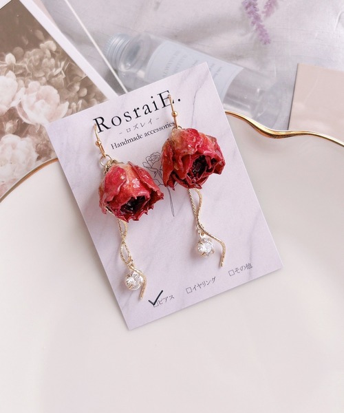 ピアス 「RosraiE」ドライフラワーウェーブ ジルコニアロングピアス(MA 