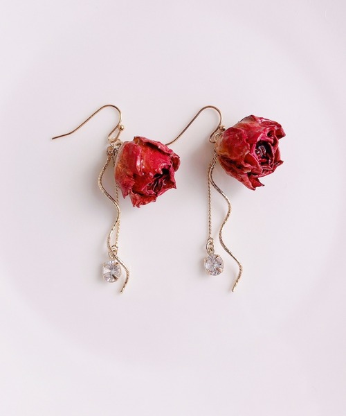 ピアス 「RosraiE」ドライフラワーウェーブ ジルコニアロングピアス(MA 
