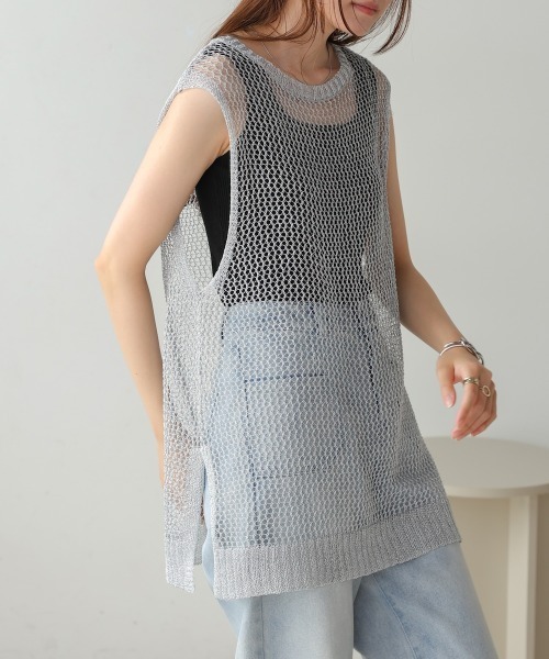 ホワイトメッシュベスト ウエストベルト付き BAB ベスト ジレ ラメメッシュベスト レディース : ZOZOTOWN