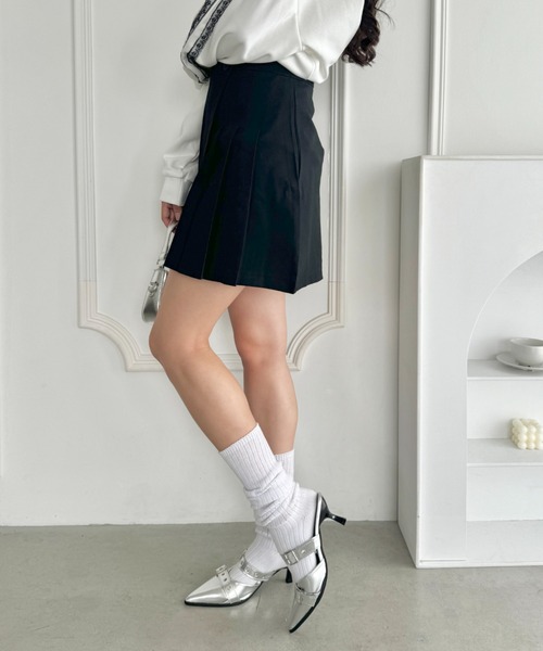 Loueme スカート インナーパンツ付ラップ風プリーツミニスカート
