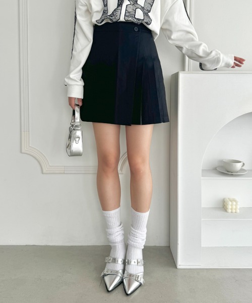 Loueme スカート インナーパンツ付ラップ風プリーツミニスカート