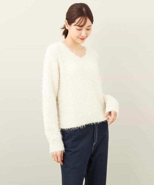 OFUON / オフオン ラメシャギーVネックニット/洗える OFUON ニット セーター ラメシャギーVネックニット/洗える