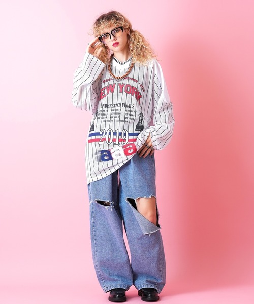 タイン　ダブルプッシュ　ゲームシャツ　アメフトシャツ　ホッケーシャツ　メッシュ tシャツ a.p.o.v. ビッグプリントストライプ柄メッシュホッケーシャツ