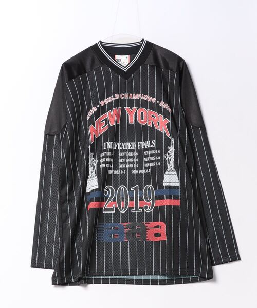 tシャツ a.p.o.v. ビッグプリントストライプ柄メッシュホッケーシャツ