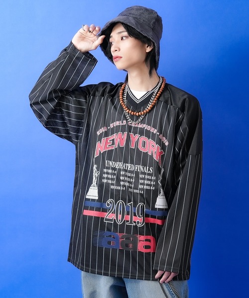 タイン　ダブルプッシュ　ゲームシャツ　アメフトシャツ　ホッケーシャツ　メッシュ tシャツ a.p.o.v. ビッグプリントストライプ柄メッシュホッケーシャツ
