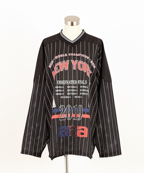 tシャツ a.p.o.v. ビッグプリントストライプ柄メッシュホッケーシャツ