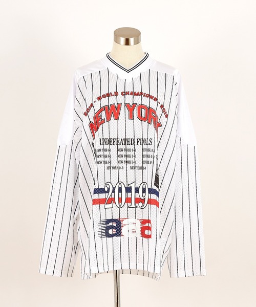 tシャツ a.p.o.v. ビッグプリントストライプ柄メッシュホッケーシャツ