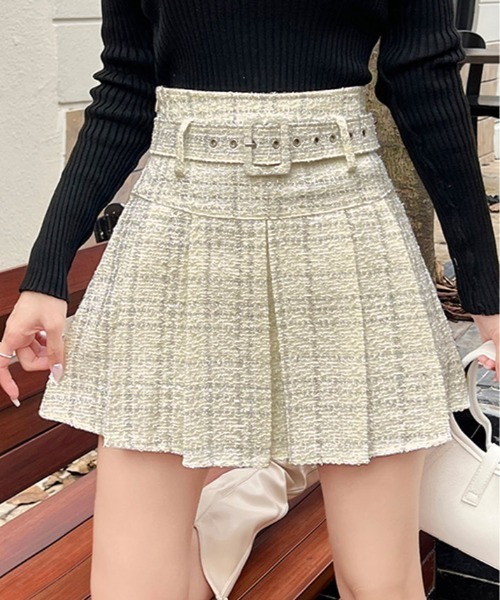 美品 BURBERRY ミニスカート風 キュロット ベルト 牛革 ツイード 36 美品BURBERRY ミニスカート36 美品 BURBERRY ミニスカート風