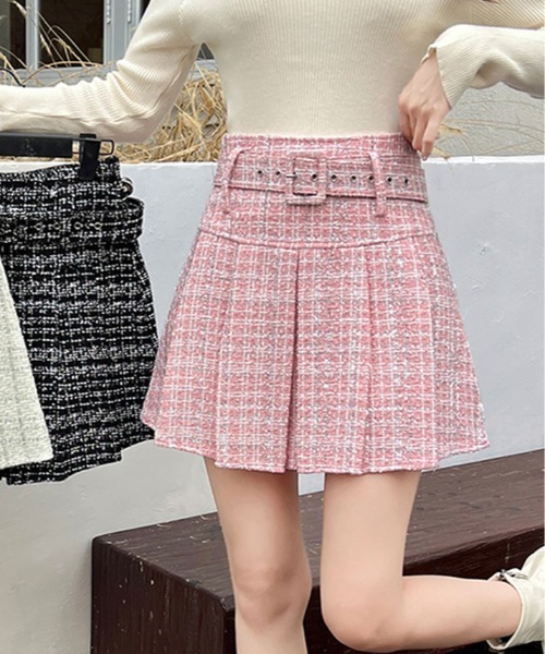 スカート ベルト付き ツイード プリーツ ミニスカート : ZOZOTOWN