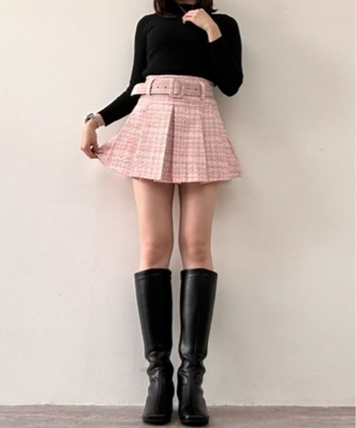 スカート ベルト付き ツイード プリーツ ミニスカート : ZOZOTOWN