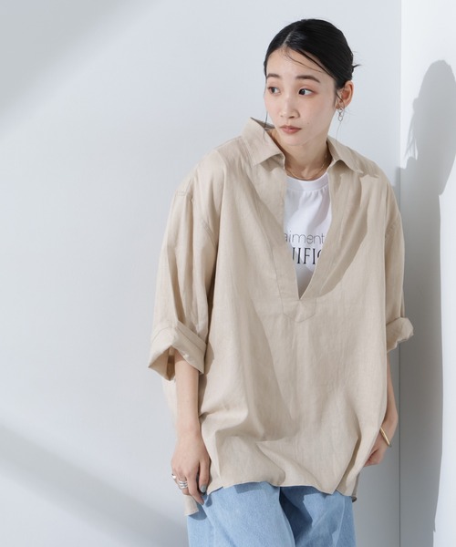 Anti Smell Linen プルオーバーVネックシャツ main image 1