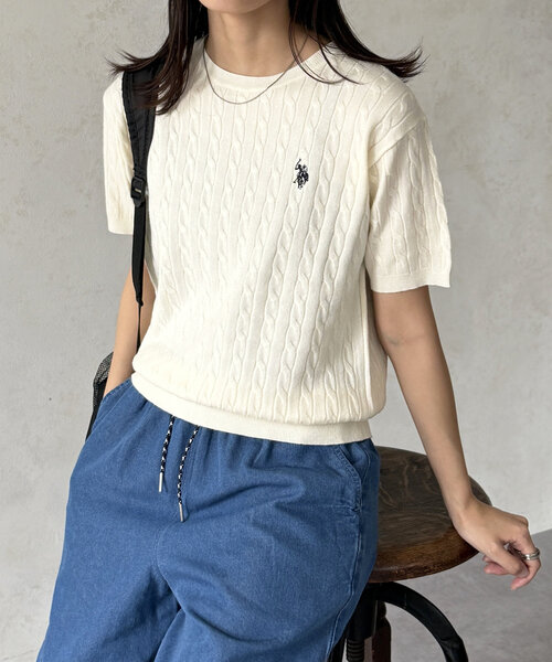 ポロ レディース ニット白 U.S. POLO ASSN. ニット セーター 半袖ケーブルニット