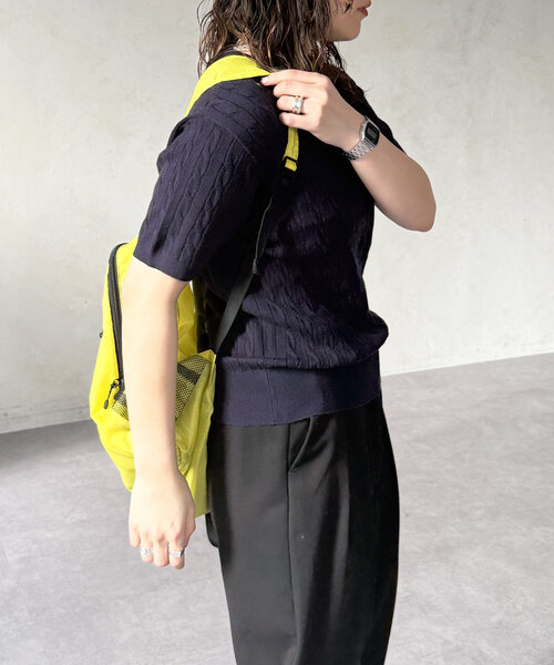 【GWセール中】POLO 半袖ニット ブラック S SINSS ポロシャツ Stitched knit polo shirt / ステッチニット
