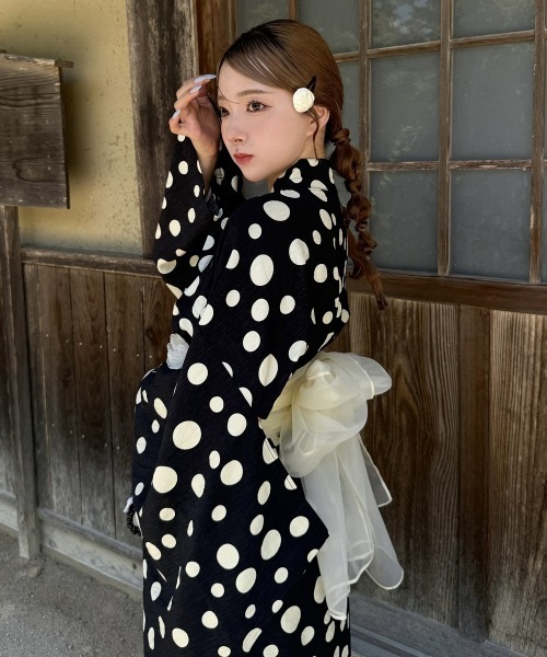 水玉模様 浴衣・帯セット リメイク　ワンピース 和洋折衷 浴衣 リメイク ワンピース ドレス 帯サッシュベルト