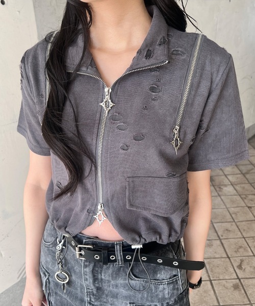 ブラウス シャツ 半袖 半袖クロップドショルダーZIPトップ レディース | ブランド登録なし | 02