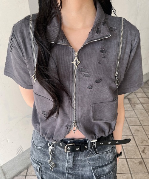 ブラウス シャツ 半袖 半袖クロップドショルダーZIPトップ レディース | ブランド登録なし | 06