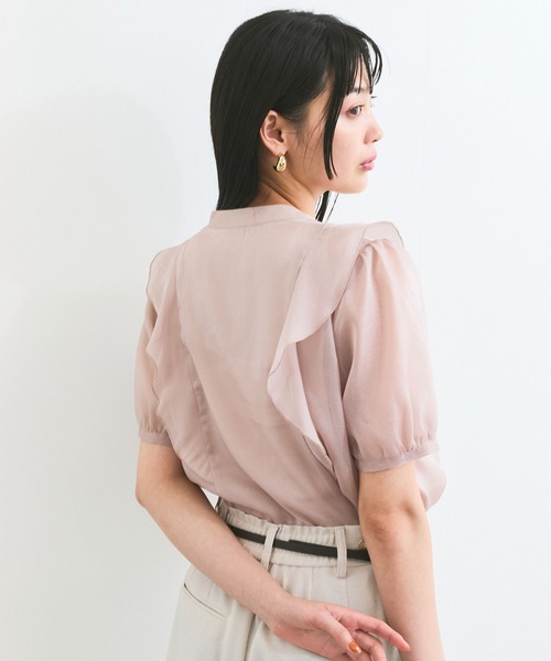 VIS ブラウス シャツ 「洗える」シアーラッフルフリル半袖