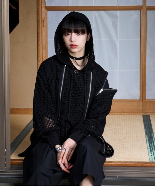 【狐独】メッシュデザインジップフーディ Ellno Loset Ellno Loset パーカー 「狐独」メッシュデザインジップフーディ