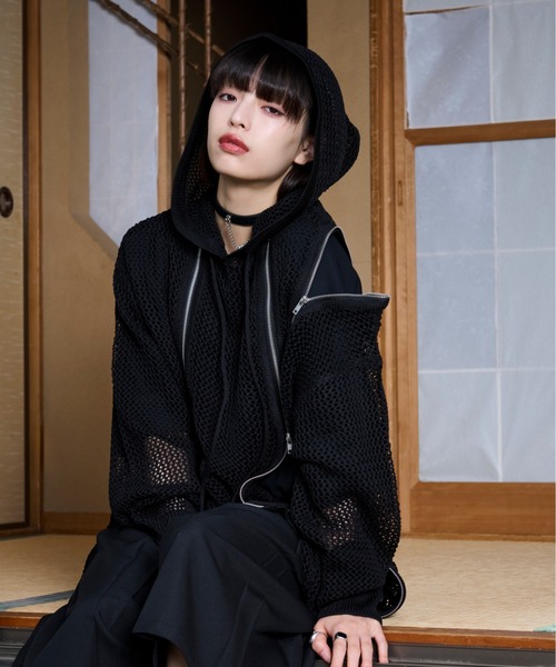 【狐独】メッシュデザインジップフーディ Ellno Loset Ellno Loset パーカー 「狐独」メッシュデザインジップフーディ