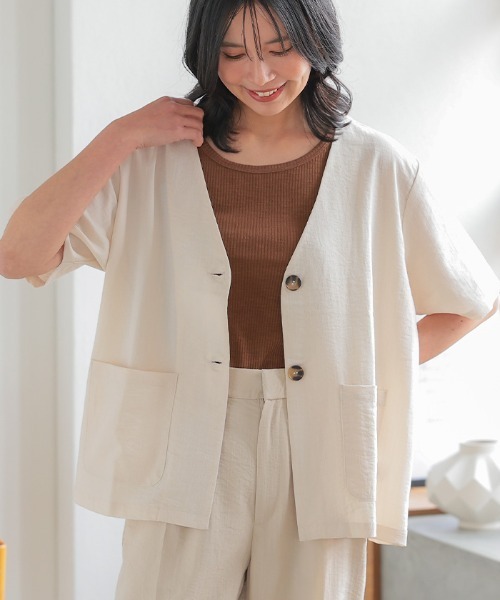 ジャケット ノーカラージャケット ノーカラー半袖ジャケット