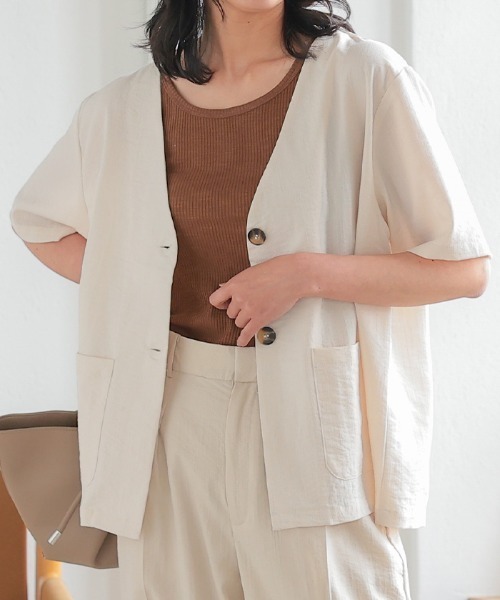 新品未使用タグ付25SSWhim Gazette半袖ノーカラージャケットベージュ ジャケット ノーカラージャケット ノーカラー半袖ジャケット