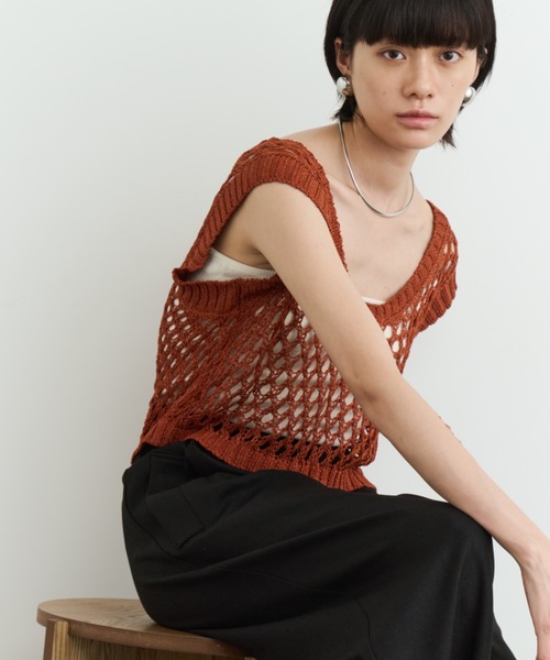ベスト ジレ Uネックメッシュショートベスト レディース