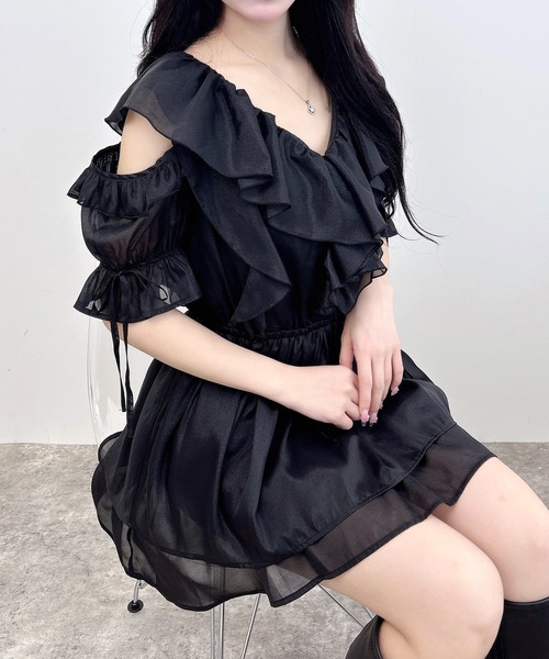 INGNI イング ワンピース ポリエステル ブラック レディース M【古着】【中古】 INGNI（イング） ワンピース 肩開きフリルミニワンピース : ZOZOTOWN