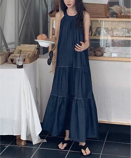 「BLANC FICELLE」 ホルターネックワンピース S インディゴブルー レディース_画像7