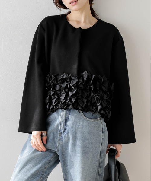 ジャケット ノーカラージャケット フリルヘム レディース : ZOZOTOWN