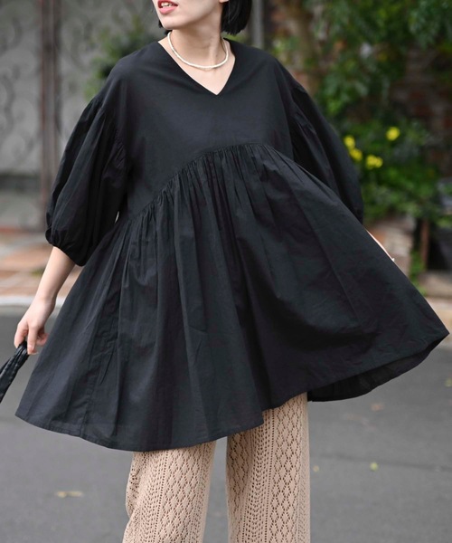 【TOBECHIC】ブラック7分袖チュニック50 ＆HALF 「World class」7分袖チュニック FREE ブラウン レディース