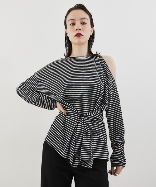 ナゴンスタンス twist sleeves 変形　Tシャツ　ロンT ボーダー HANNE tシャツ オープンショルダーボーダーロンTEE レディース