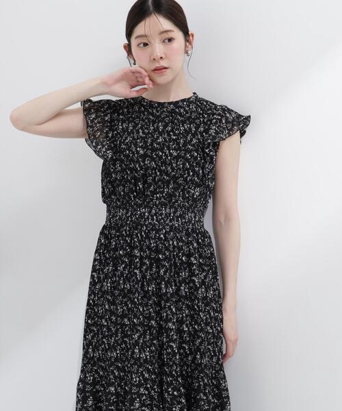ハーモニカ 日本製 新品未使用 花柄 立体生地 プリーツロングワンピースネイビー PROPORTION BODY DRESSING（プロポーションボディドレッシング
