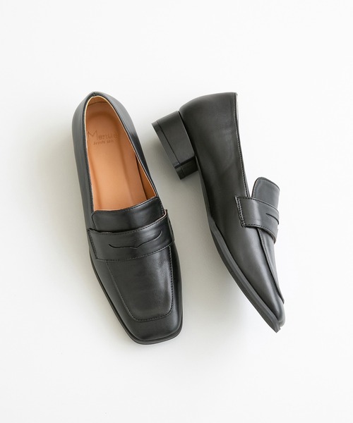 黒 レザー ローファー 約3cmヒール メヌエ Menue スクエアトゥ 3cmヒール コインローファー （1020