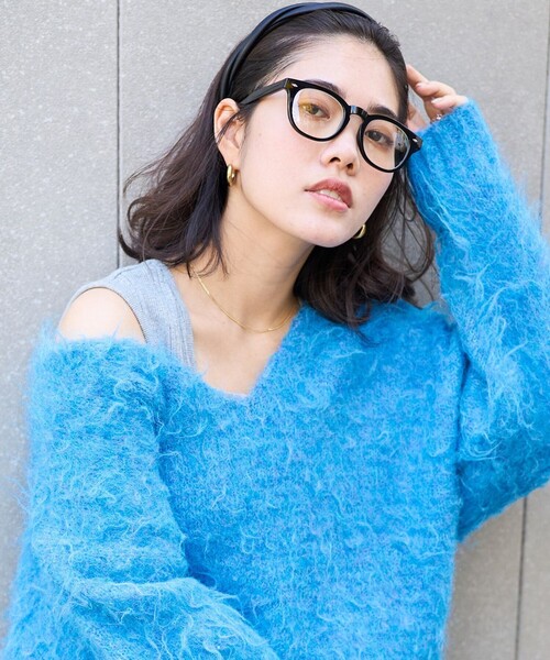 ダークブルー Vネックニット ジッパー付き シルクコットンVネックニットプルオーバー - SOÉJU online store