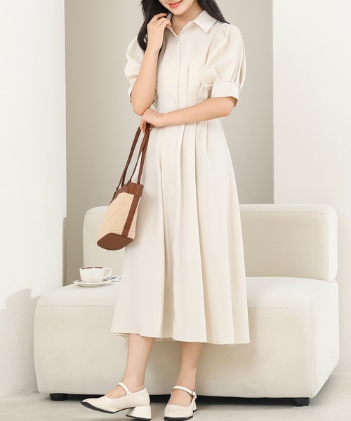Lace Ladies ワンピース バックレースアップ パフスリーブ