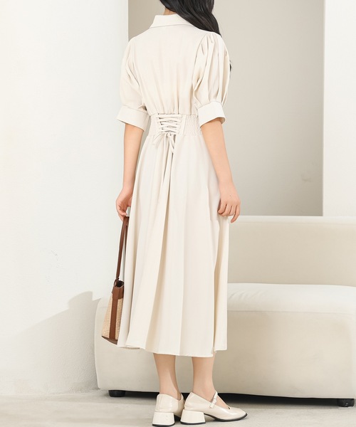 ウエストバックレス ロングシャツワンピース パフ袖 4082410 Lace Ladies ワンピース バックレースアップ パフスリーブ