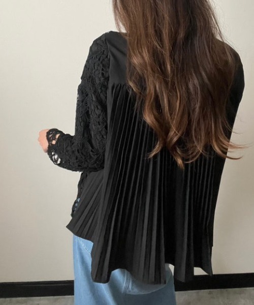 tシャツ backプリーツかぎ針トップス レディース