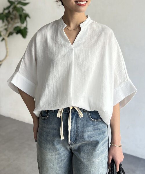 Chez toi（シェトワ） ブラウス シャツ リネンタッチ袖ターンバック